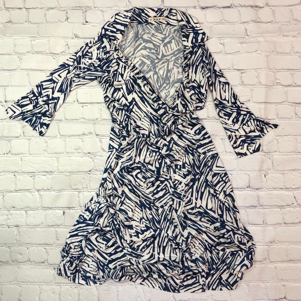 Vintage Blue Floral Faux Wrap Dress Sz S